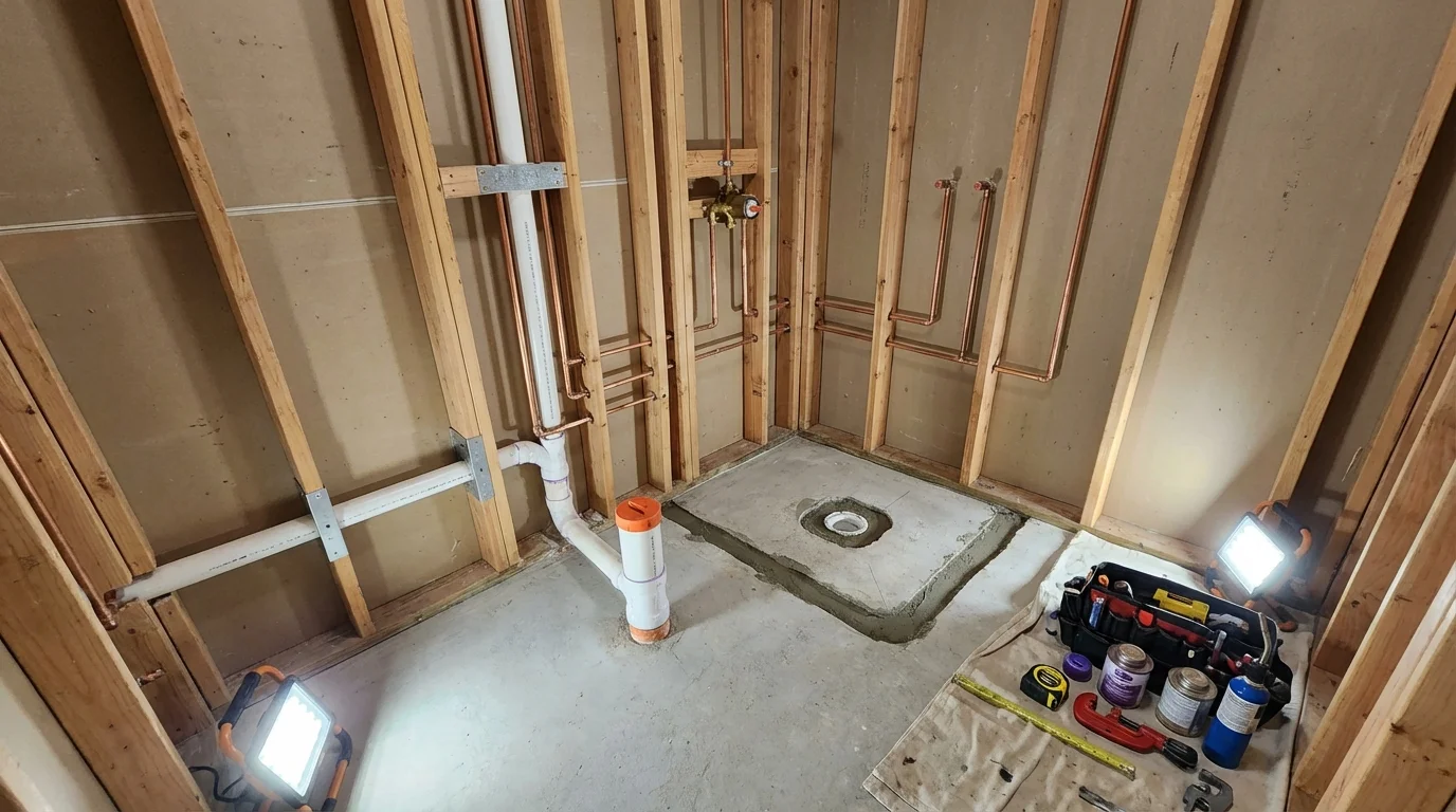 Bathroom rough-in plumbing during remodel by Johns Plumbing LLC in Lilbourn