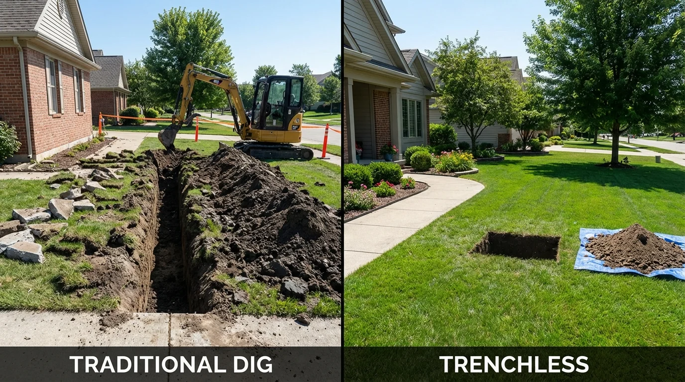 Trenchless sewer repair with minimal yard damage versus traditional excavation in Lilbourn, MO