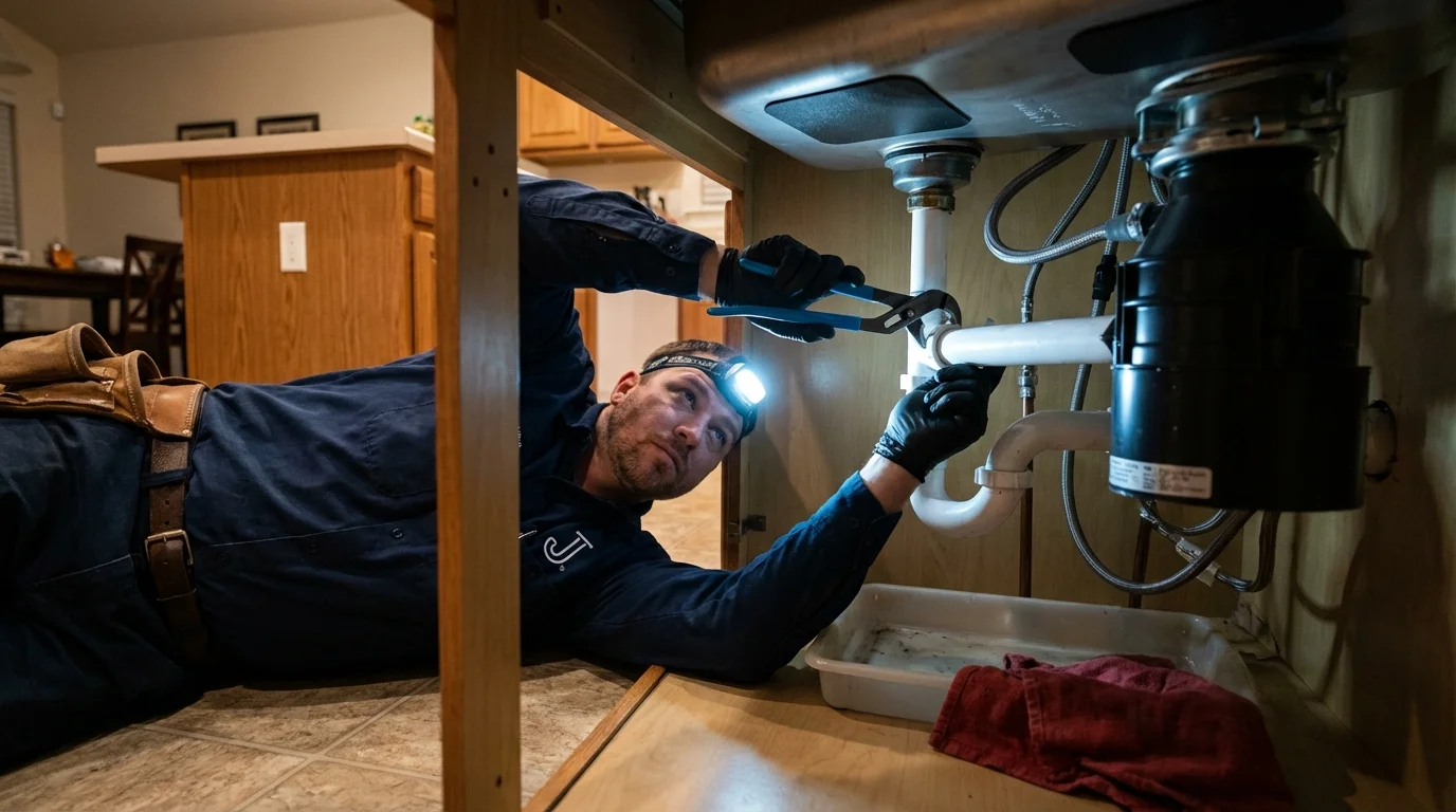 P-trap and supply line connections under a kitchen sink showing a common leak point in Lilbourn, MO